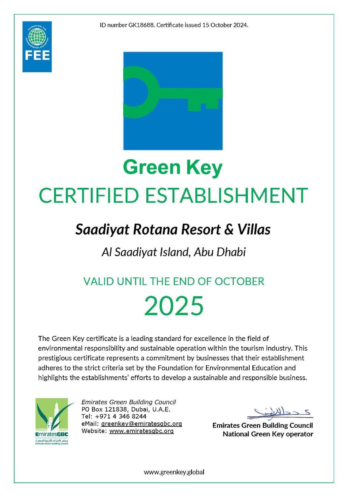 Saadiyat Rotana Resort And Villas Abu Dhabi Esterno foto Green Key Certificate